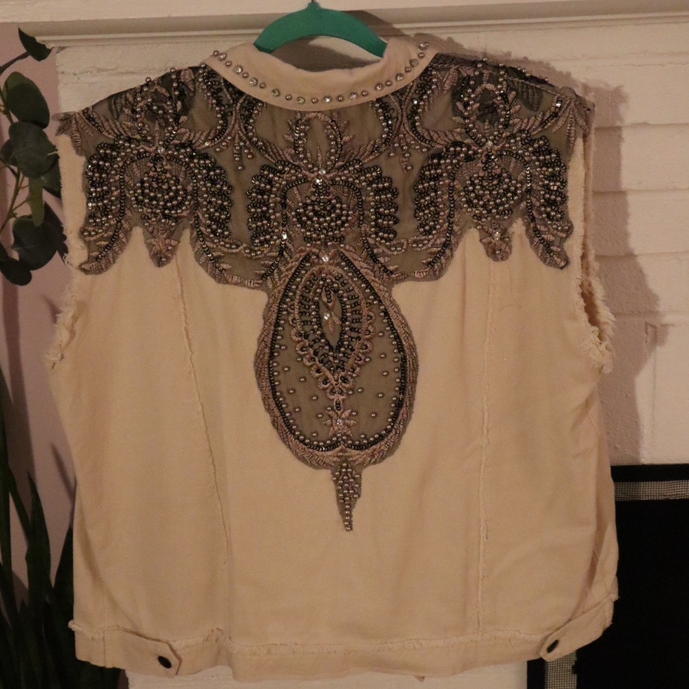 Beaded Rhinestone Pearl Sleeveless Denim Vest